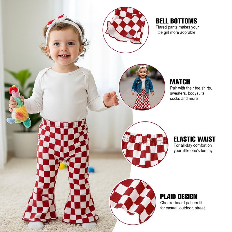 SOBOWO Checkered Baby Girl Flare Pants 3 Pack Toddler Bell Bottoms Plaid Ruffle Leggings Pants Fall Winter Outfits Size 6M-4T(18-24 Months, Black&White Plaid/Red/Red&White Plaid) - Image 4