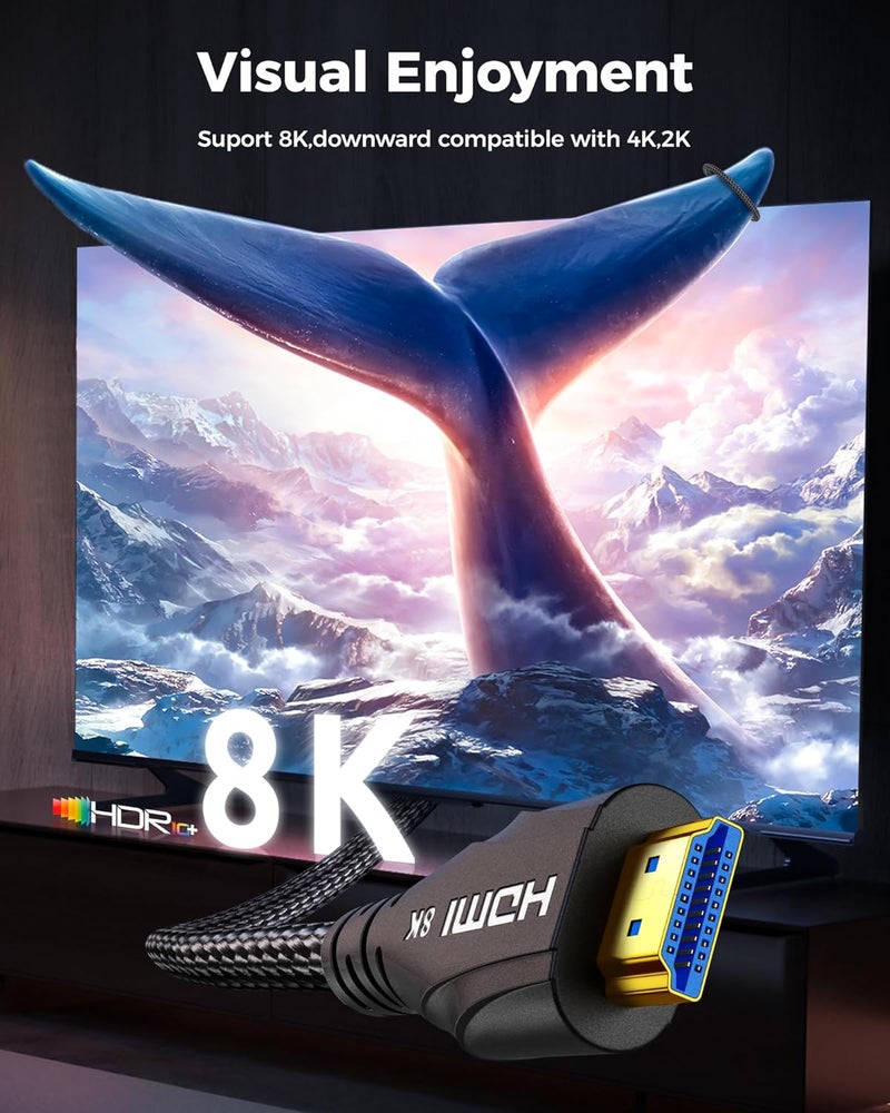 Cratree كابلات HDMI بدقة 8K وطول 20 قدمًا، كابل HDMI من نوع 2.1 بسرعة فائقة تصل إلى 48 جيجابت في الثانية، متوافقة مع أجهزة Fire Roku وApple TV 4K وPS4 وPS5 وXbox Series X وSamsung RTX 3080 و3090، وتدعم تقنيات 8K60Hz و4K120Hz وHDCP 2.2 و2.3 وHDR10. - Image 4