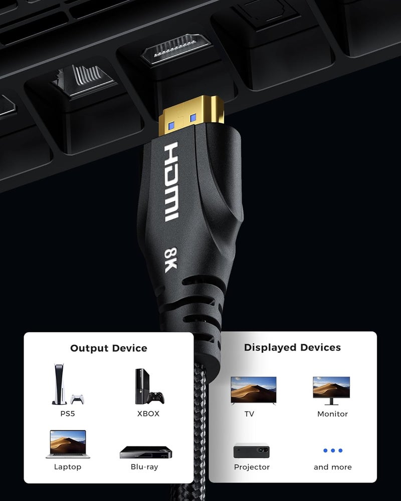 Cratree كابلات HDMI بدقة 8K وطول 20 قدمًا، كابل HDMI من نوع 2.1 بسرعة فائقة تصل إلى 48 جيجابت في الثانية، متوافقة مع أجهزة Fire Roku وApple TV 4K وPS4 وPS5 وXbox Series X وSamsung RTX 3080 و3090، وتدعم تقنيات 8K60Hz و4K120Hz وHDCP 2.2 و2.3 وHDR10. - Image 5