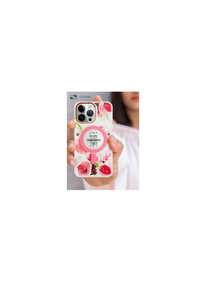CATANES - Case for Apple iPhone 14 PRO Romantique Floral Design Fashion Flower Compatible with MagSafe & Wireless Charging Cover PINK - Image 1