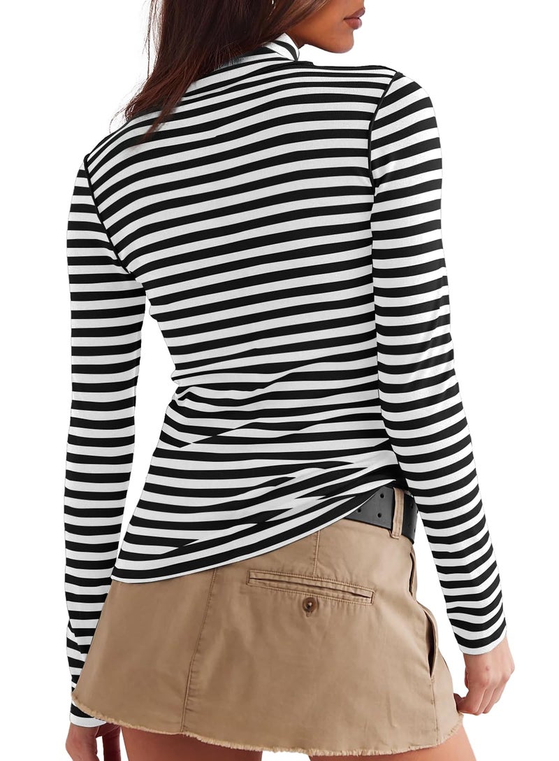 Darong Womens Striped Shirts Long Sleeve Turtleneck Ribbed T Shirt Slim Fitted Lightweight Layer Tops 9220 Black Stripe L - Image 2