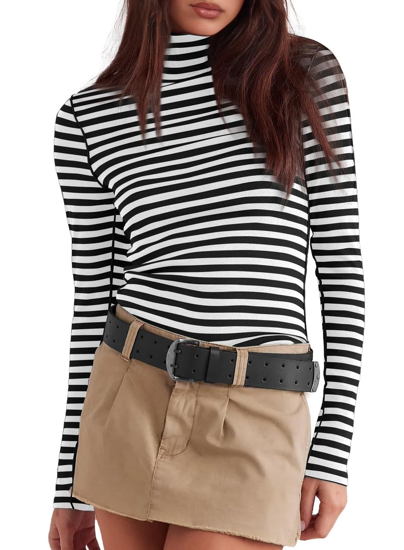 Darong Womens Striped Shirts Long Sleeve Turtleneck Ribbed T Shirt Slim Fitted Lightweight Layer Tops 9220 Black Stripe L - Image 1