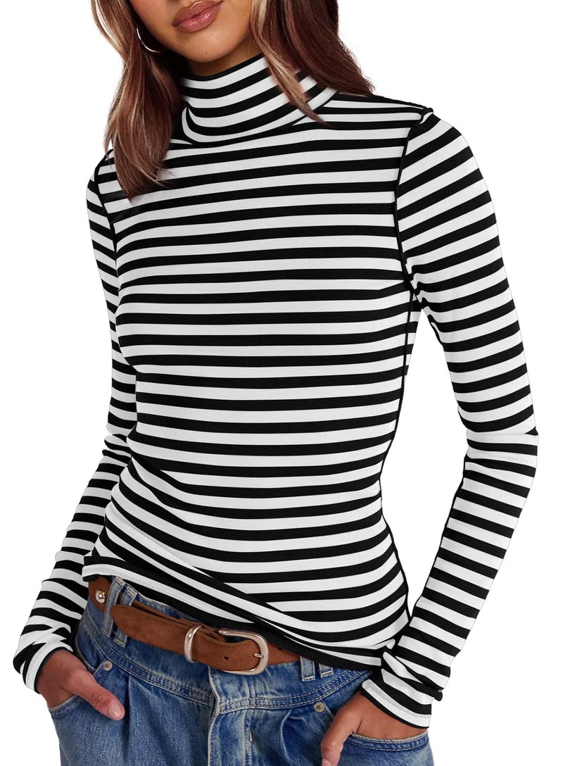 Darong Womens Striped Shirts Long Sleeve Turtleneck Ribbed T Shirt Slim Fitted Lightweight Layer Tops 9220 Black Stripe L - Image 3