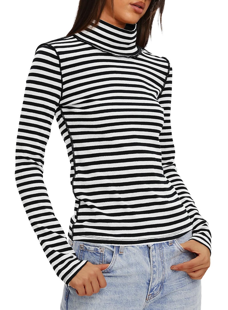 Darong Womens Striped Shirts Long Sleeve Turtleneck Ribbed T Shirt Slim Fitted Lightweight Layer Tops 9220 Black Stripe L - Image 4