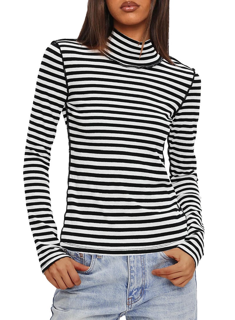 Darong Womens Striped Shirts Long Sleeve Turtleneck Ribbed T Shirt Slim Fitted Lightweight Layer Tops 9220 Black Stripe L - Image 5
