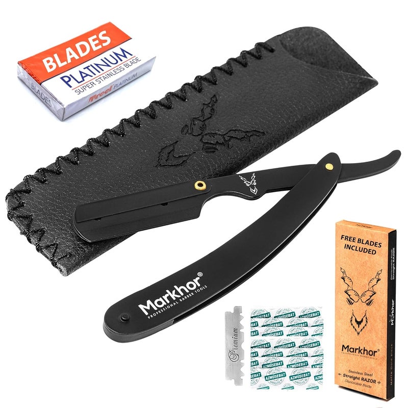 موسى مارخور المستقيم مع حقيبة جلدية شفرات قابلة للتبديل جودة ممتازة موسى مستقيم أسود غير لامع للرجال موسى حلاق شفرات موسى بشفرة واحدة موسى حلاقة حادة