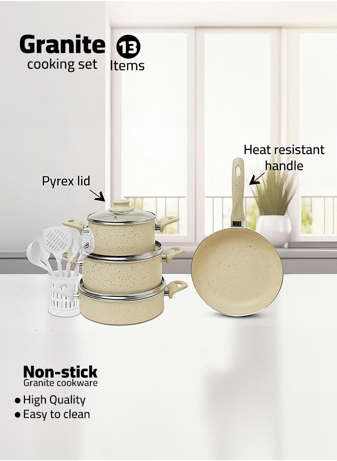 Napoli - 13 Pieces Turkish Granite Cookware Set with Pyrex Lid - Beige - Image 1
