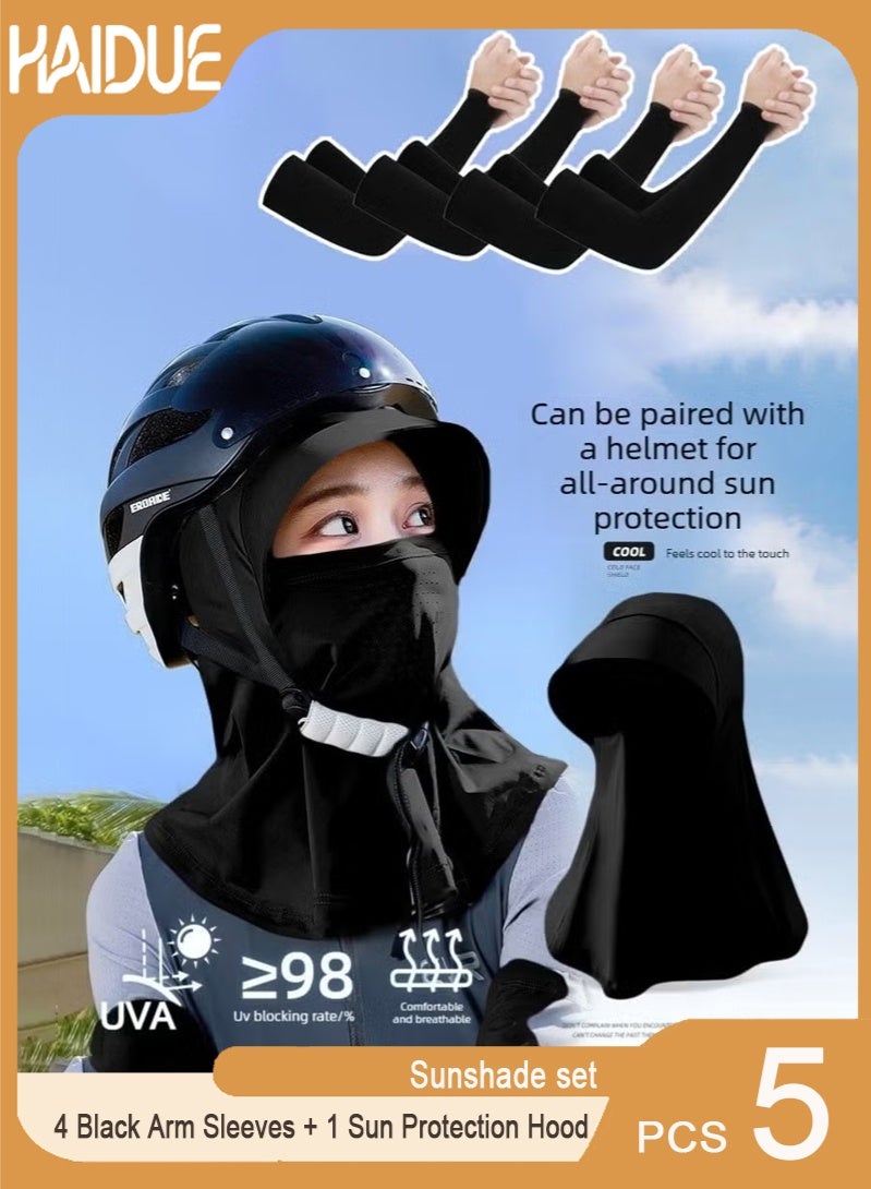 Haidue 5 PCS Sun Protection Set, Including 4 Black Arm Sleeves + 1 Sun Protection Hood Set, UPF 50+ Cooling Sun Shield, Helmet-Compatible Full Face & Arm Sun Protector for Cycling Hiking Outdoor Activities - Image 1
