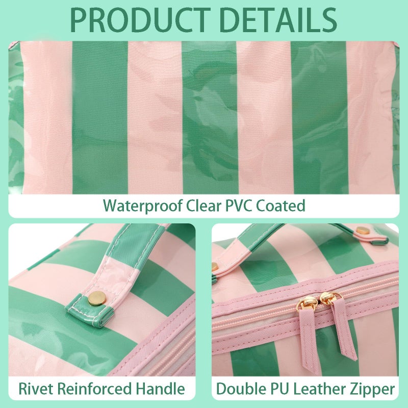 DYSHAYEN Stripe Travel Makeup Bag with Compartments Clear Coated Cosmetic Bag for Women, Waterproof Portable Open Flat Toiletry bag ï¼ˆPink-Greenï¼‰ - Image 3