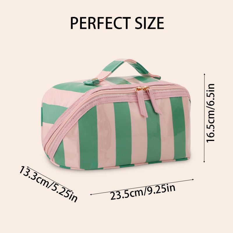 DYSHAYEN Stripe Travel Makeup Bag with Compartments Clear Coated Cosmetic Bag for Women, Waterproof Portable Open Flat Toiletry bag ï¼ˆPink-Greenï¼‰ - Image 4