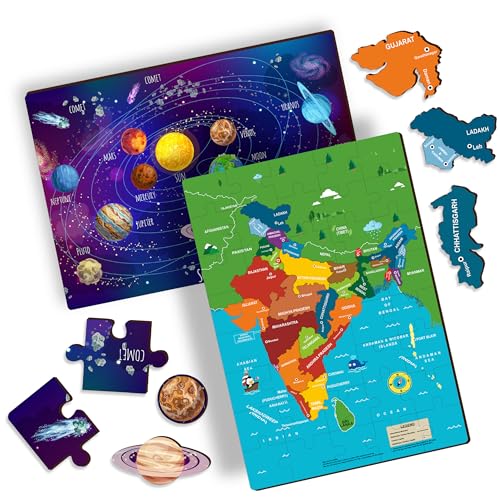 Lefan India Map & Solar System Floor Puzzle Mat for Kids – Set of 2 Educational Wooden Jigsaw Puzzles – Geography & Space Learning Toys for Boys & Girls Age 3+ - Image 1