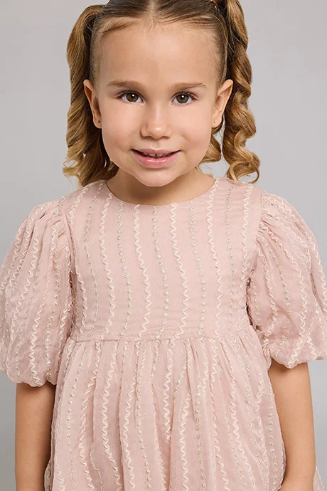 أر أند بي Embellished Fit & Flare Dress with Crew Neck and Balloon Sleeves