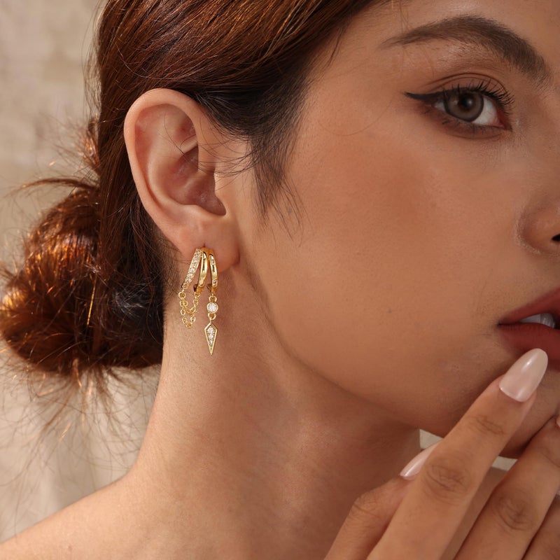 Robaice Dangle Earrings for Women,14k Gold Plated Triple Huggie Stud Earrings Dainty Drop Earrings for Women Trendy Gold Statement CZ Chain Earrings Non Tarnish Jewelry - Image 3