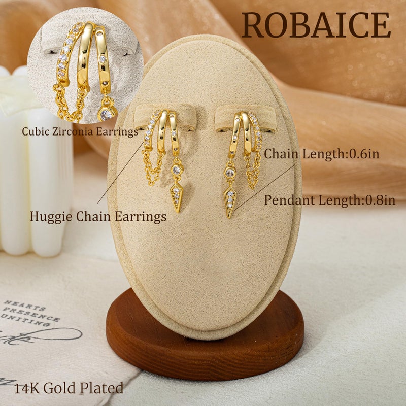 Robaice Dangle Earrings for Women,14k Gold Plated Triple Huggie Stud Earrings Dainty Drop Earrings for Women Trendy Gold Statement CZ Chain Earrings Non Tarnish Jewelry - Image 5