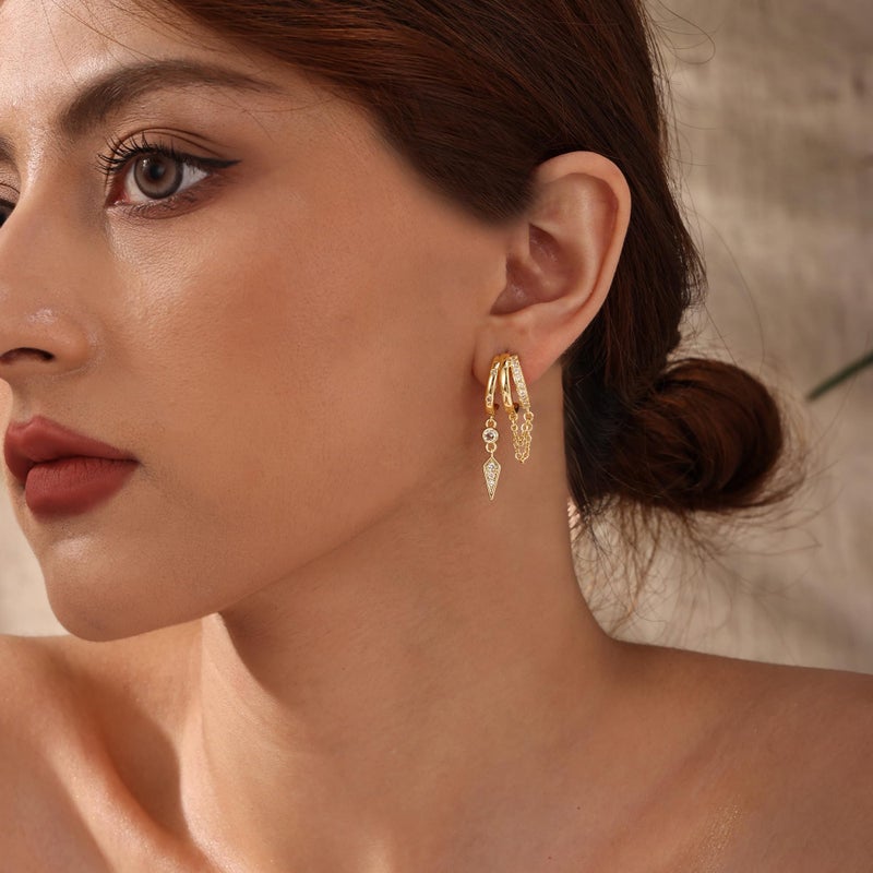 Robaice Dangle Earrings for Women,14k Gold Plated Triple Huggie Stud Earrings Dainty Drop Earrings for Women Trendy Gold Statement CZ Chain Earrings Non Tarnish Jewelry - Image 2