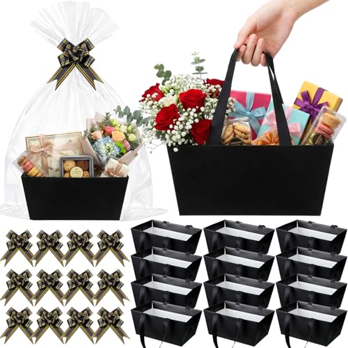Funnymoom 12 Pcs Wedding Black Basket for Gifts Empty with Cellophane Bag Ribbon Bow Classic Novel Black Wrapping Gift Basket for Summer Graduation Halloween Birthday Party Favor Supplies 98x65 - Image 1