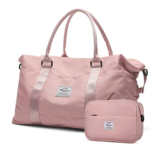 HYC00 Travel Duffel Bags for Women,Weekender Overnight Bag with Wet Pocket & Toiletry Bag,Carry On Personal Item Bag,Travel Tote Gym Bag, Pink, Large - Image 1