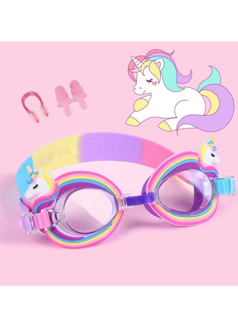 YouYou 3-Piece Set of Children's Cartoon Silicone Anime Swimming Glasses Swimming Pool Girls Swimming Training Diving Equipment (Pink)  - Image 1