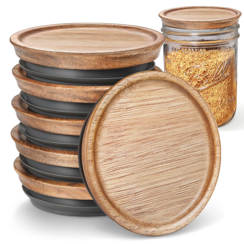 SKYBD 6-Pack Wide Mouth Wooden Mason Jar Lids for Ball/Mason Jars, Reusable Acacia Wood Mason Jar Lids with Airtight Silicone Seal Perfect for Dry Food Storage (Brown) - Image 1