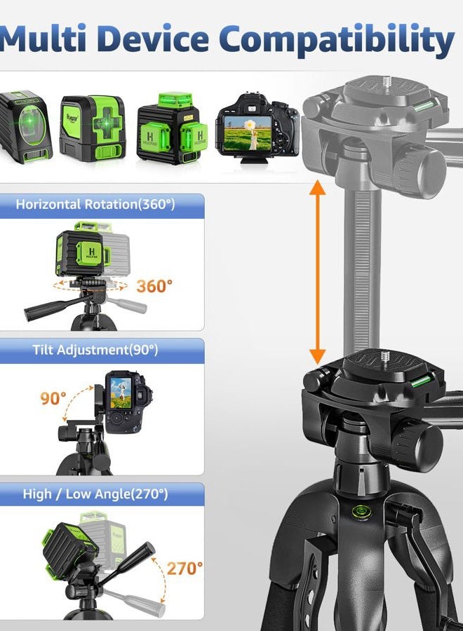 Huepar Lightweight TPD14 56" Adjustable Laser Level Tripod with 3-Way Swivel Pan Head, Quick Release Plate with 1/4" Screw Mount, Bubble Level, Multi-Function Hook and 5/8" UNF Adapter Nut - Image 3