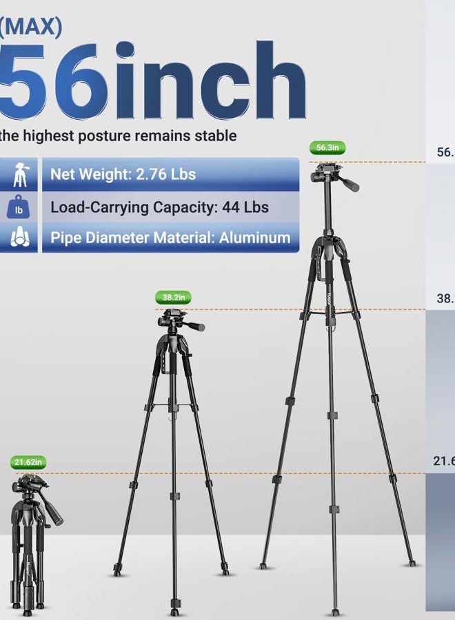 Huepar Lightweight TPD14 56" Adjustable Laser Level Tripod with 3-Way Swivel Pan Head, Quick Release Plate with 1/4" Screw Mount, Bubble Level, Multi-Function Hook and 5/8" UNF Adapter Nut - Image 2