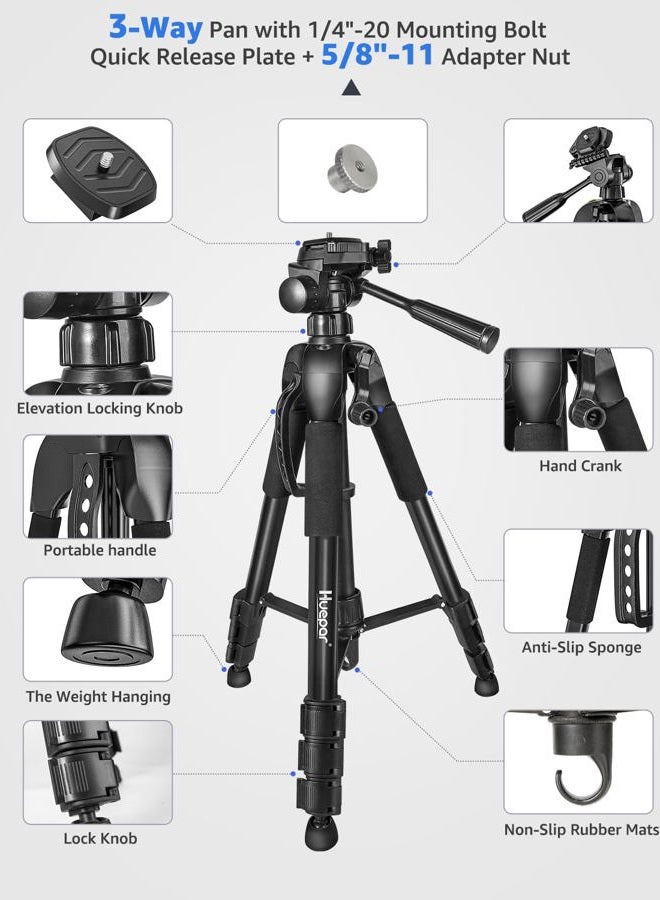 Huepar Lightweight TPD14 56" Adjustable Laser Level Tripod with 3-Way Swivel Pan Head, Quick Release Plate with 1/4" Screw Mount, Bubble Level, Multi-Function Hook and 5/8" UNF Adapter Nut - Image 4