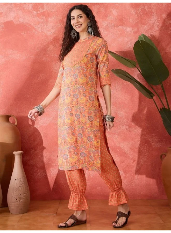 أيه كيه إس Peach Cotton Kurta Set With Afgani Pants