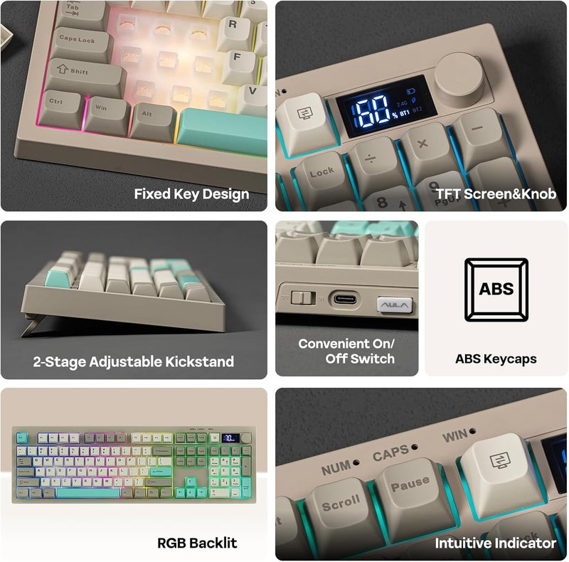 EPOMAKER AULA S102 PRO Wireless Membrane Keyboard with TFT Screen and Number Pad, 2000mAh, RGB Backlit, Media Knob, 105 Keys, Full Size Wireless Gaming Keyboard (Grey) - Image 3