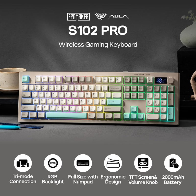EPOMAKER AULA S102 PRO Wireless Membrane Keyboard with TFT Screen and Number Pad, 2000mAh, RGB Backlit, Media Knob, 105 Keys, Full Size Wireless Gaming Keyboard (Grey) - Image 2