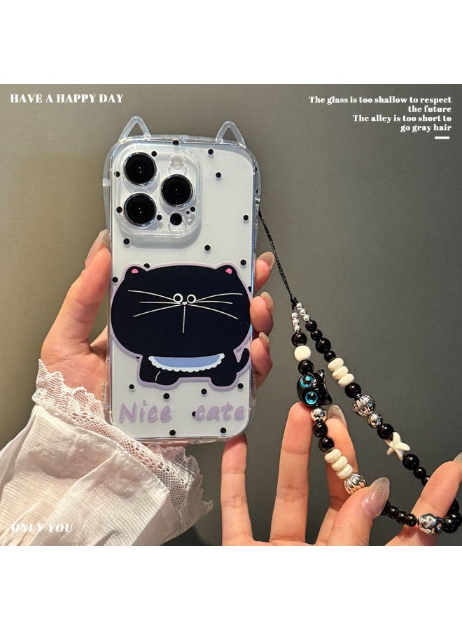 Transparent Cute Black Cat Protective TPU Case Cover For iPhone 14, Polka Dot Big Face Black Cat With Bracelet