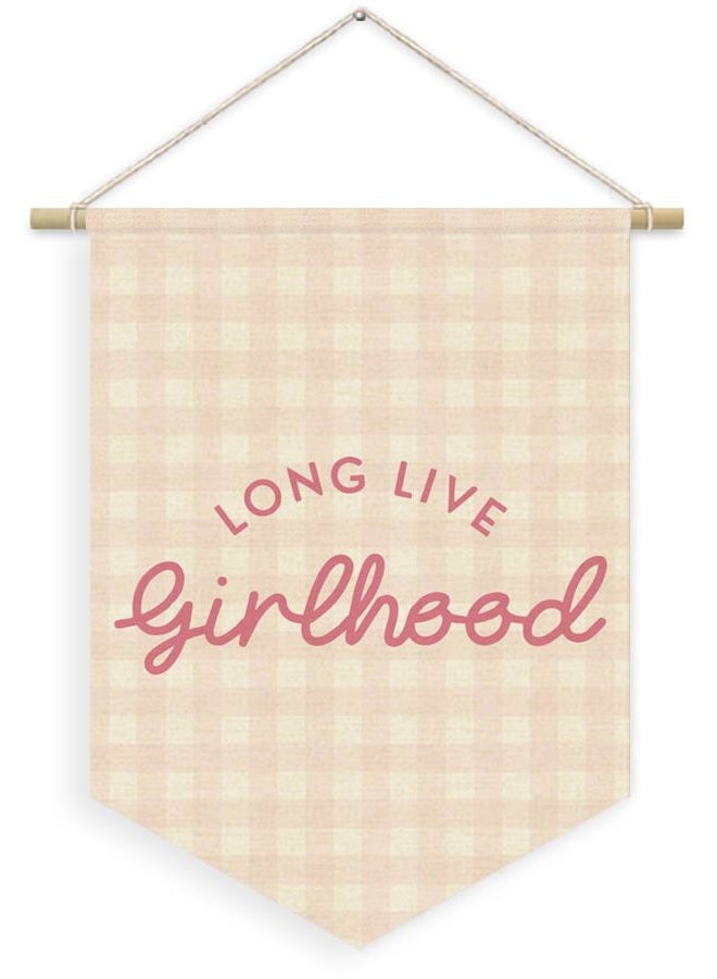 XYDEG Girl Nursery Decor, Long Live Girlhood Linen Canvas Banner, Pink Checkered Preppy Girly Wall Hanging Pennant Flag Banner for Girls Nursery Kids Toddler Room Bedroom Dorm Decor, 15x11in - Image 1