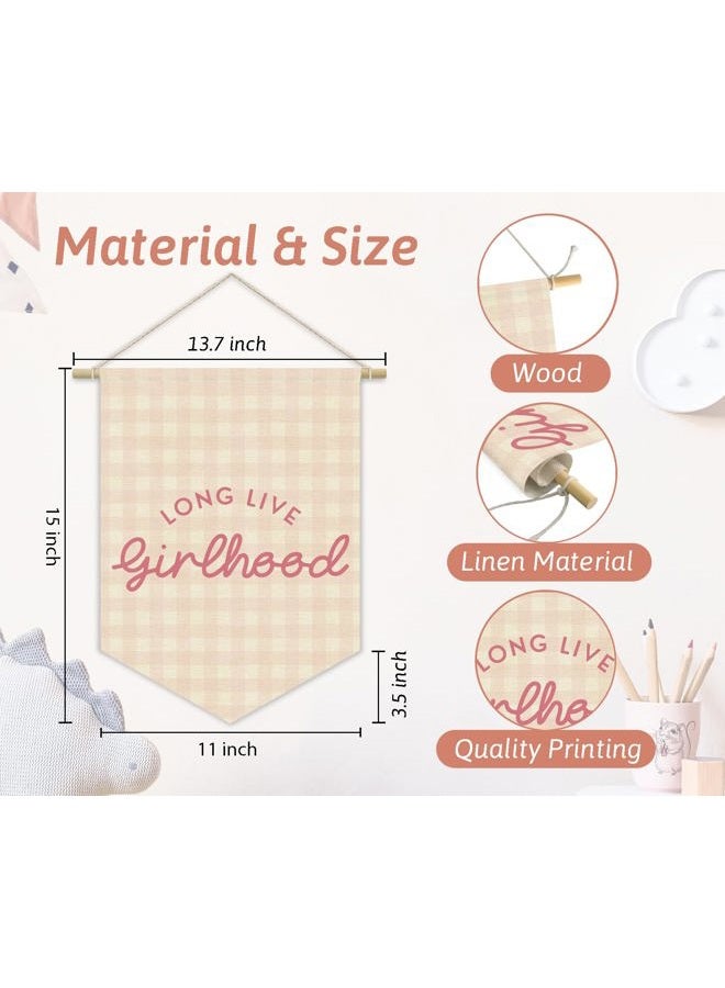 XYDEG Girl Nursery Decor, Long Live Girlhood Linen Canvas Banner, Pink Checkered Preppy Girly Wall Hanging Pennant Flag Banner for Girls Nursery Kids Toddler Room Bedroom Dorm Decor, 15x11in - Image 4