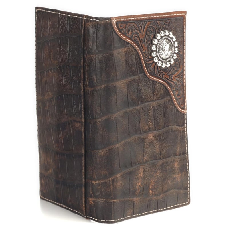 Ariat Men's Rodeo Wallet with Floral Embossed Overlay and Western Concho, Multiple Compartments, Brown - Image 2