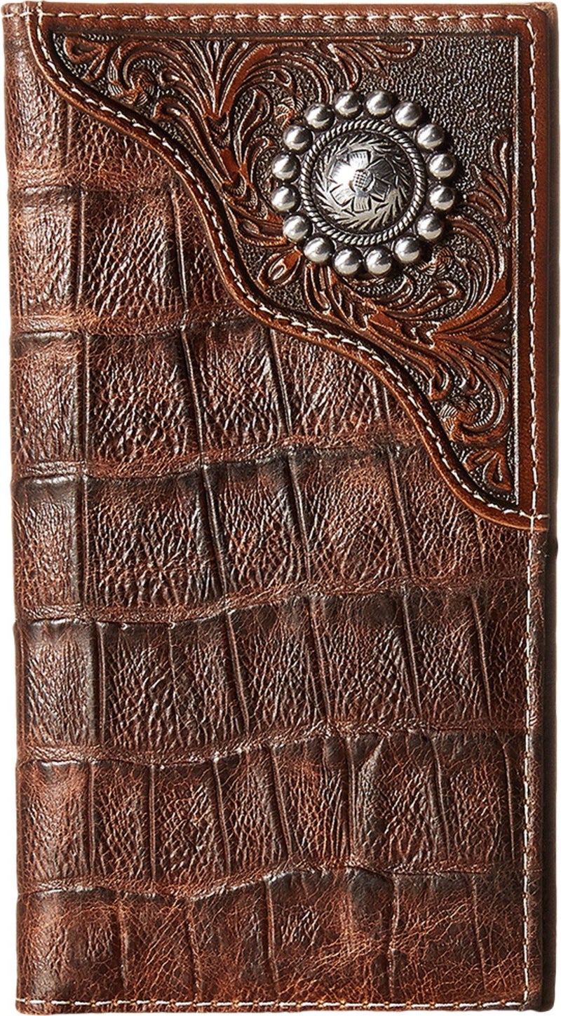 Ariat Men's Rodeo Wallet with Floral Embossed Overlay and Western Concho, Multiple Compartments, Brown - Image 1