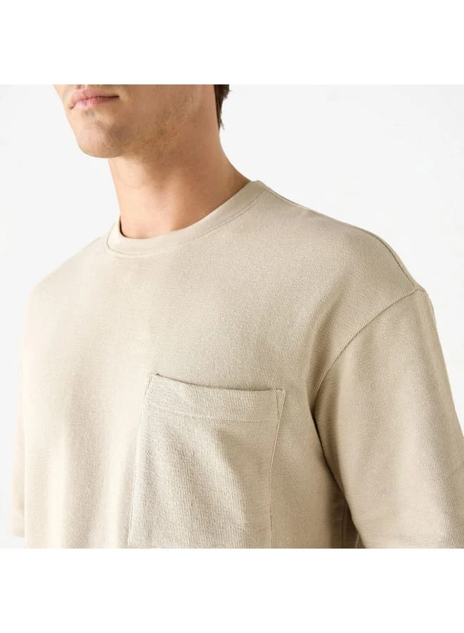 Iconic Iconic Textured T-shirt with Chest Pocket and Short Sleeves