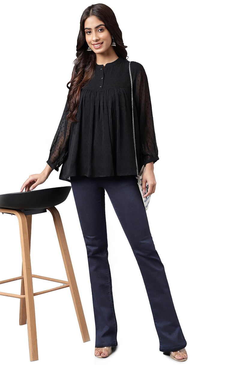 Janasya Women's Black Dobby Chiffon Solid Empire Top(JNE4207-TP-XXL) - Image 3