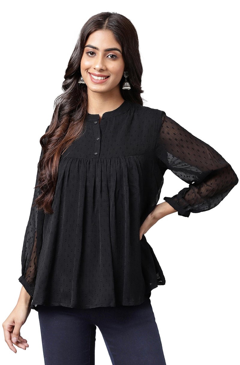Janasya Women's Black Dobby Chiffon Solid Empire Top(JNE4207-TP-XXL) - Image 1