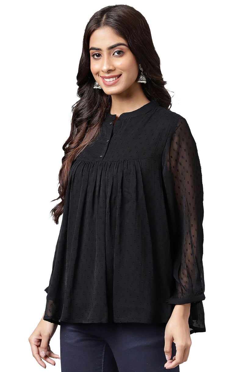 Janasya Women's Black Dobby Chiffon Solid Empire Top(JNE4207-TP-XXL) - Image 4