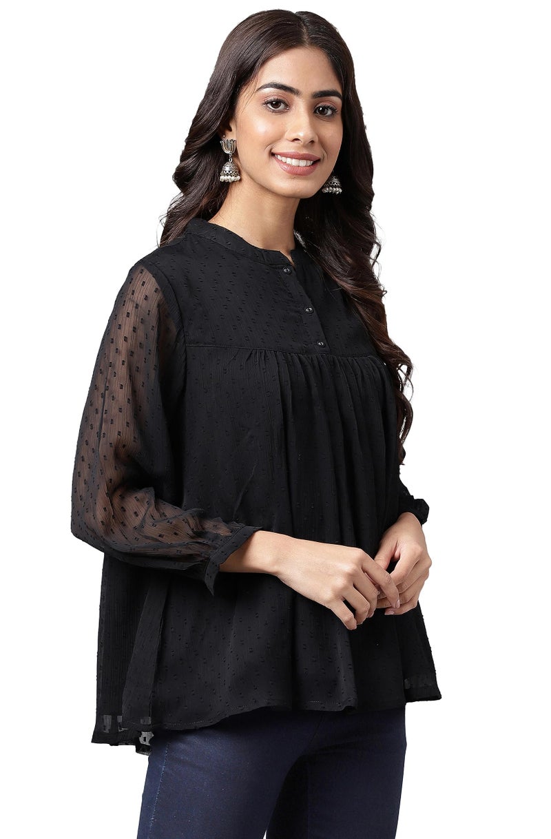 Janasya Women's Black Dobby Chiffon Solid Empire Top(JNE4207-TP-XXL) - Image 5