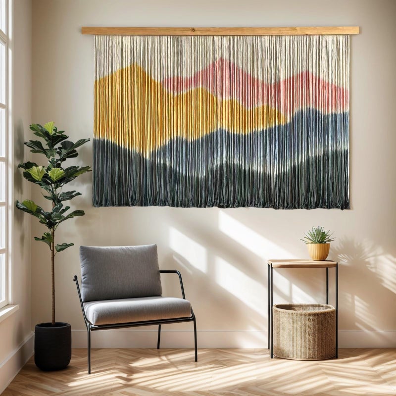 Sdjazl Woven Boho Macrame Wall Hanging Home Decor Tapestry Dip-Dyed Large Modern Handmade Colorful Mountain Landspace For Living room (light pink) - Image 1