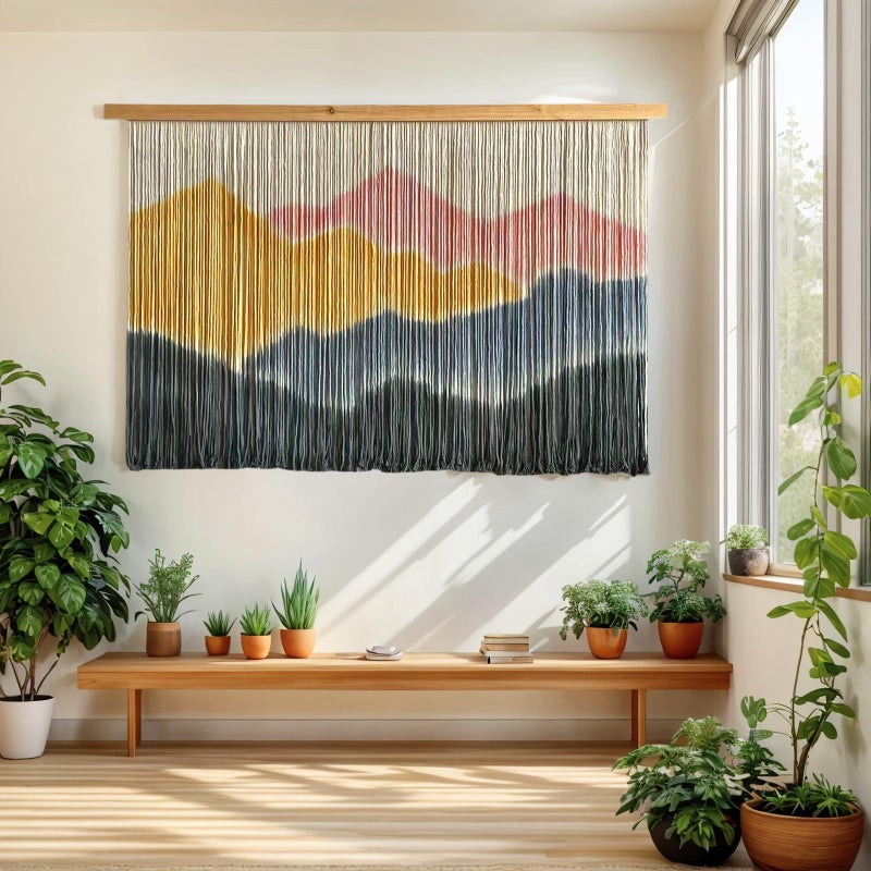 Sdjazl Woven Boho Macrame Wall Hanging Home Decor Tapestry Dip-Dyed Large Modern Handmade Colorful Mountain Landspace For Living room (light pink) - Image 4
