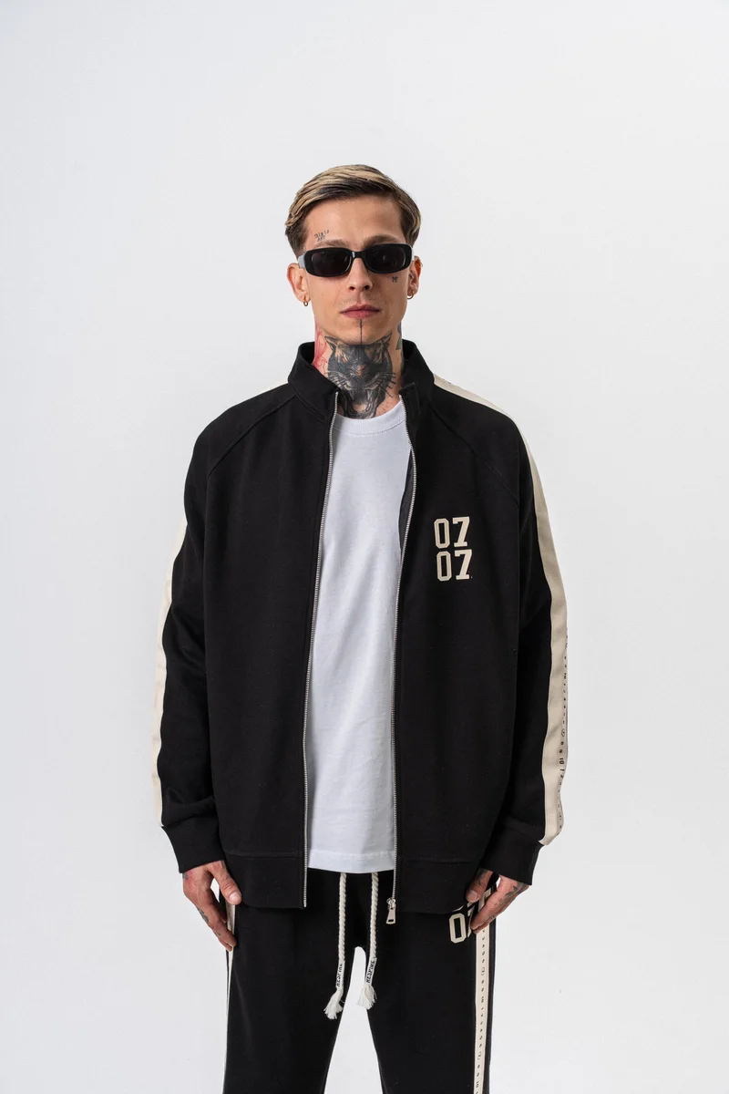 RESPIRE Men's 7 Striped Stand Collar Doubleface Zip Oversize Sweatshirt Black