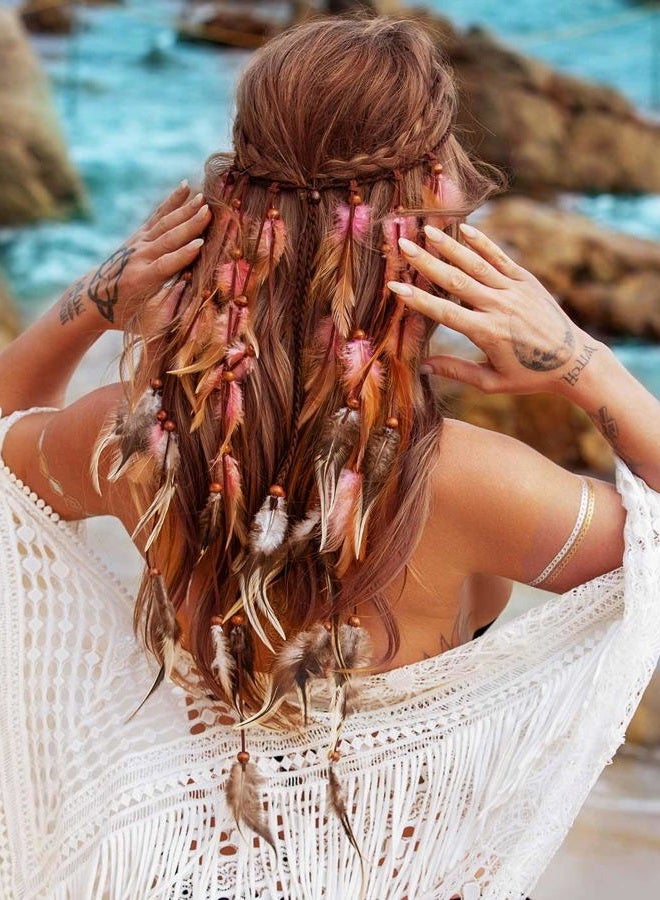 GENBREE Boho Feather Headband Gypsy Headpiece Bohemian Hippie Headbands Indian Hair Band Long Feather Hair Accessories for Women (Pattern 2)  - Image 3