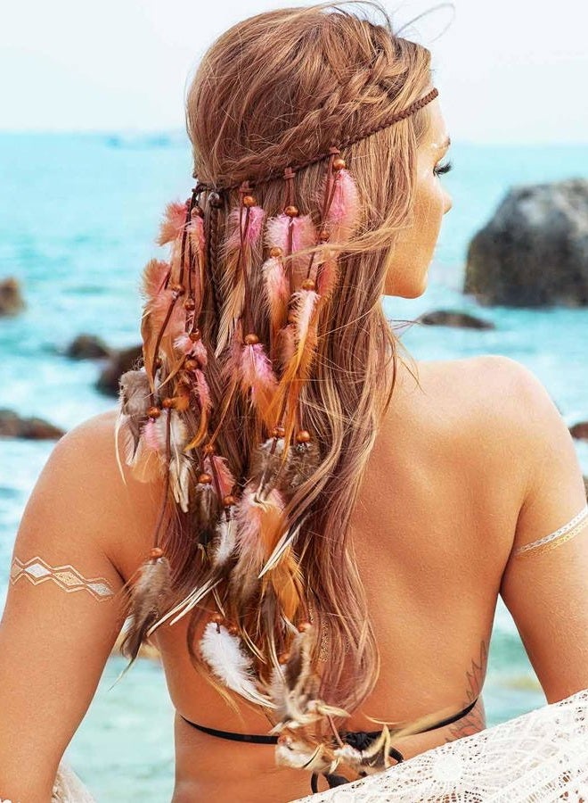 GENBREE Boho Feather Headband Gypsy Headpiece Bohemian Hippie Headbands Indian Hair Band Long Feather Hair Accessories for Women (Pattern 2)  - Image 4