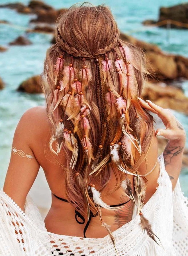 GENBREE Boho Feather Headband Gypsy Headpiece Bohemian Hippie Headbands Indian Hair Band Long Feather Hair Accessories for Women (Pattern 2)  - Image 1