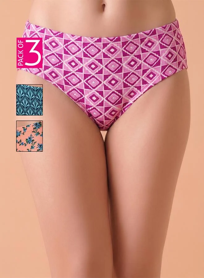 كلوفيا Pack of 3-Mid Waist Printed Hipster Panties with Inner Elastic - 100% Cotton