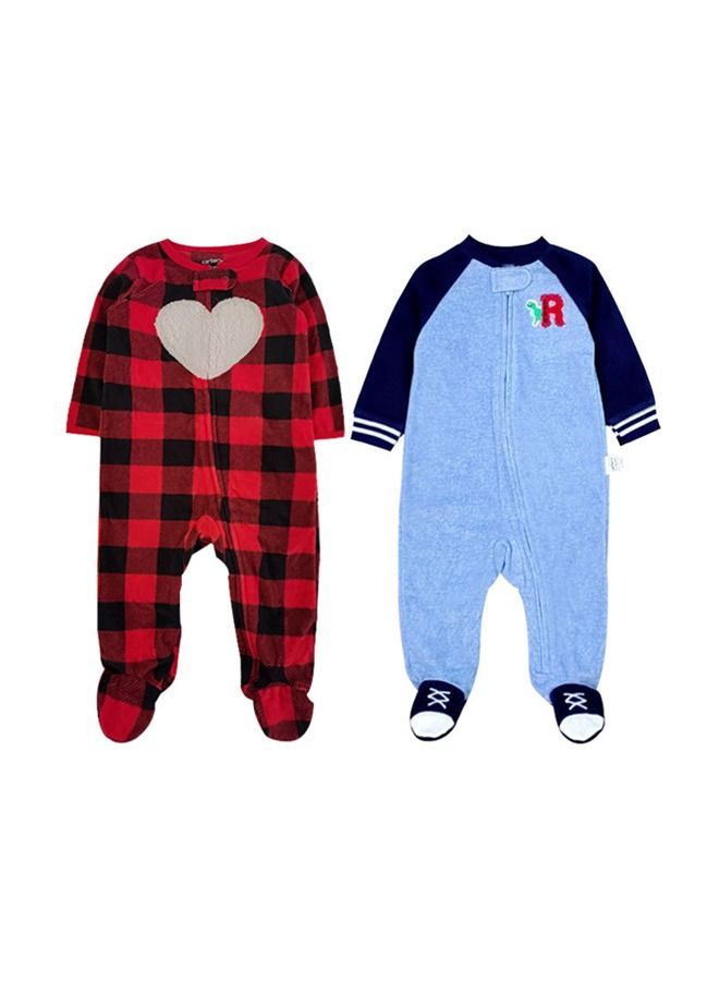 2PCS Baby One-Piece Pajamas with Shoe Covers, Baby Fleece Warm Crawl Suit, Long Sleeve Zipper Foot Crawl Suit, Baby Pajamas for Babies before 1 Year Old (Red & Blue)  - Image 1