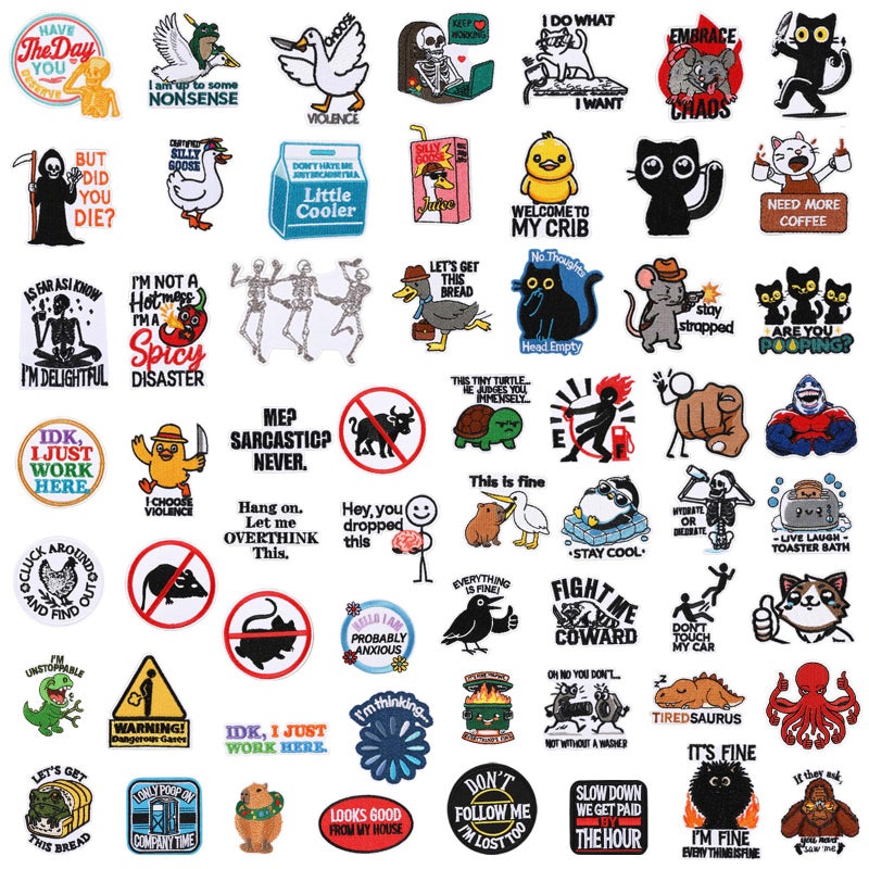 Maysing 60pcs Iron on Patches Funny Embroidered Sew on Patch for Adults Assorted Styles with Humorous Quotes Embroidery Applique for Clothe Hat Backpack Jeans Jacket DIY Gag Gift Halloween Christmas - Image 1