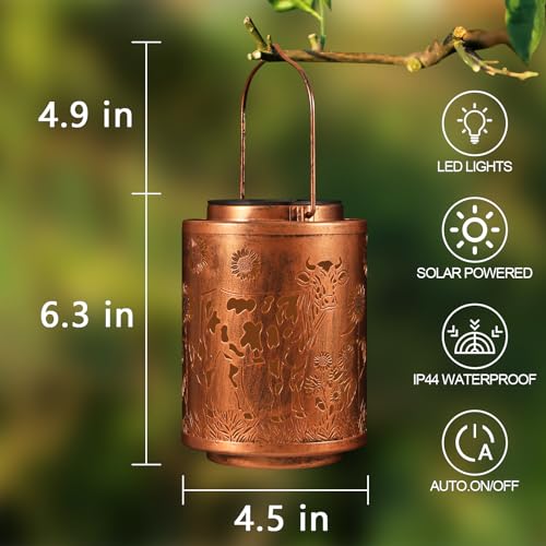 Tepaken Solar Lanterns Garden Decor Birthday Gifts for Women Mon Grandma Metal Hanging Solar Lights Waterproof Outdoor Decoration for Outside LED Lanterns for Yard Patio Lawn (Cow) - Image 3