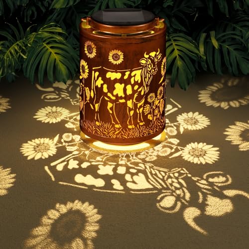 Tepaken Solar Lanterns Garden Decor Birthday Gifts for Women Mon Grandma Metal Hanging Solar Lights Waterproof Outdoor Decoration for Outside LED Lanterns for Yard Patio Lawn (Cow) - Image 1